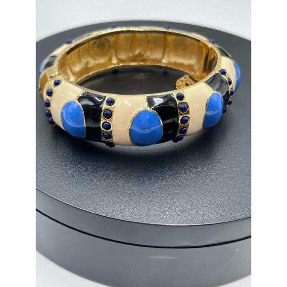 J. Crew Blue Enamel Tan Gold Tone Hinged Safety Chain Bangle Bracelet - Picture 10 of 15